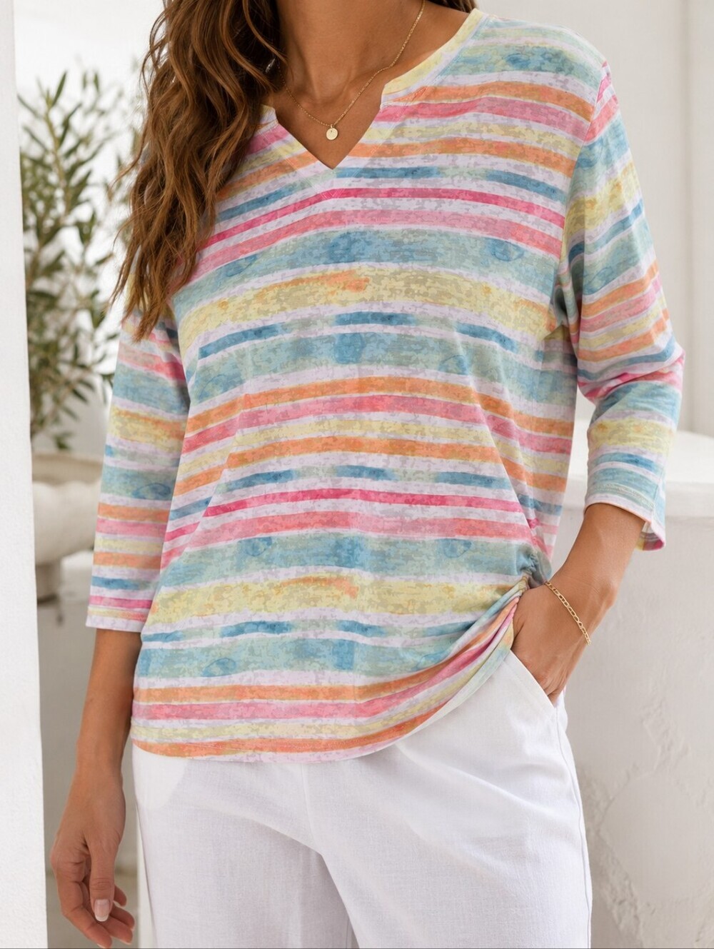 FDJ French Dressing Jeans 3/4 Sleeve Painted Rainbow Stripe Notch Neck Top XXL